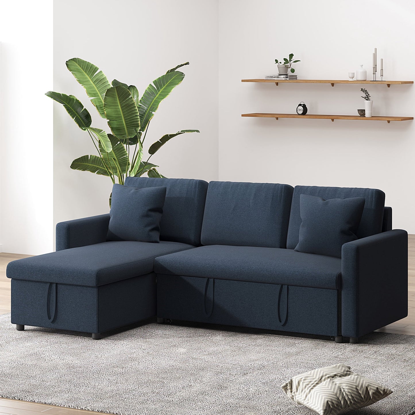 Soges 85" Pull Out Sofa Bed L Shape Sofa with Storage Chaise, Linen Fabric 3 Seater Couch, Blue