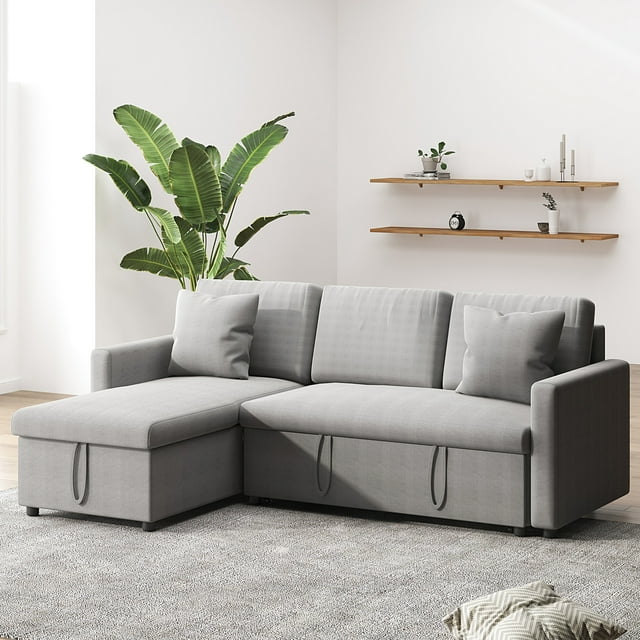 Soges 85" Pull Out Sofa Bed L Shape Sofa with Storage Chaise, Linen Fabric 3 Seater Couch, Light Gray