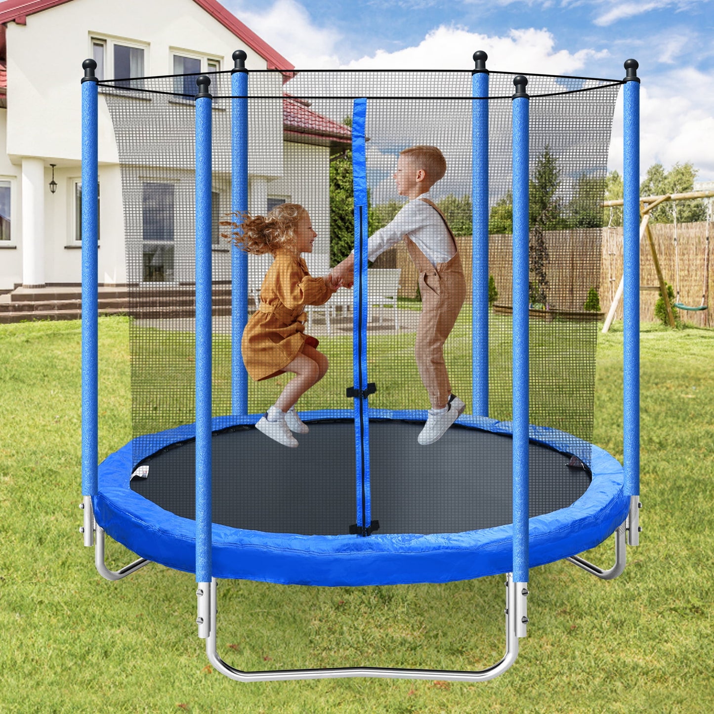 Soges 8FT Trampoline with Safety Enclosure Net for Kids, Trampoline with Jumping Mat and Spring Cover Padding, Trampoline Capacity for 2-3 Kids