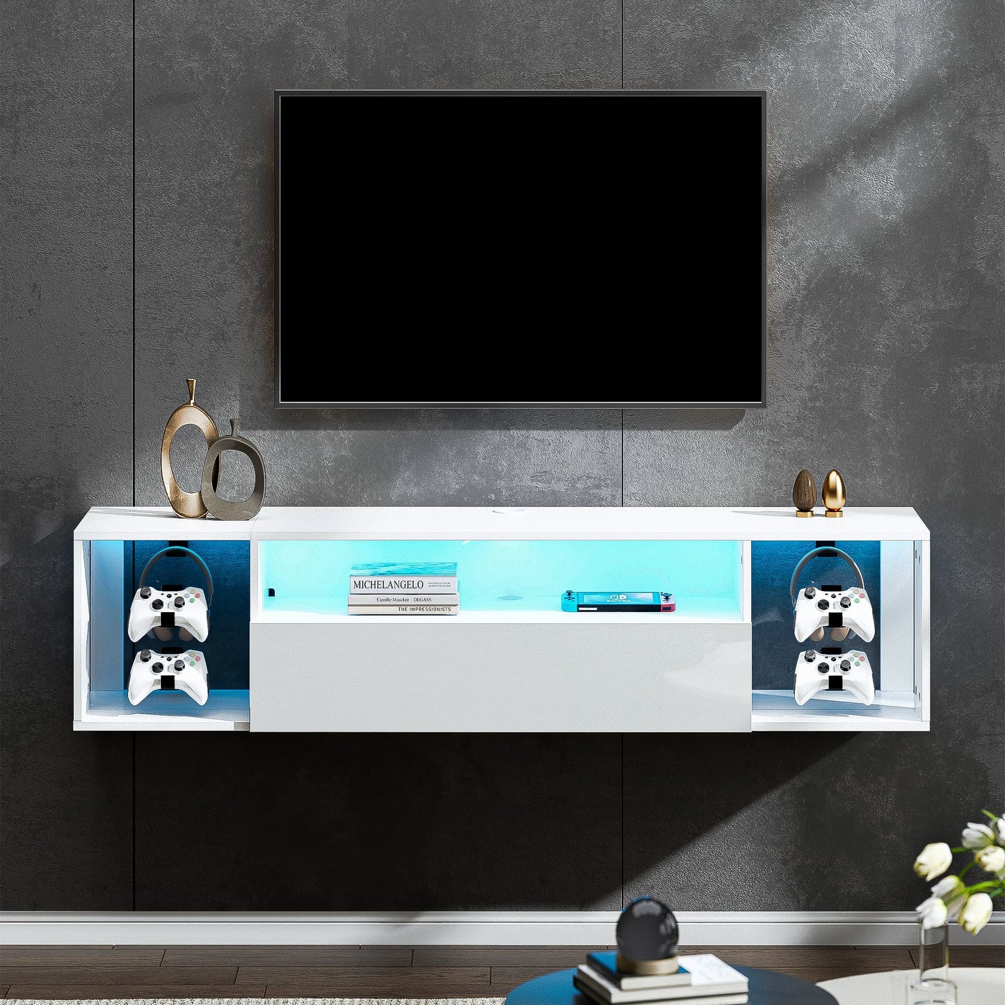 SogesPower Floating TV Stand with Lights, LED TV Stand Floating Entertainment Center with Storage for Living Room Bedroom, Wall Mounted Shelf for Under TV