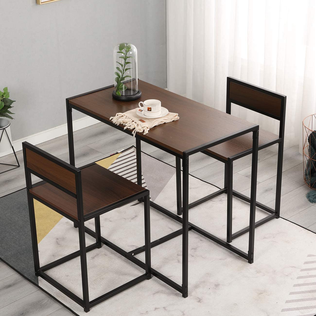 SogesPower Home 30in 3-Piece Dining Table Set with 2 Chairs Modern Table- Brown