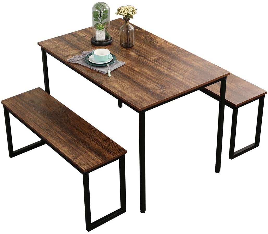 SogesPower Modern Dining Table Set with 2 Benches, 3 Piece Dining Table Set- Brown