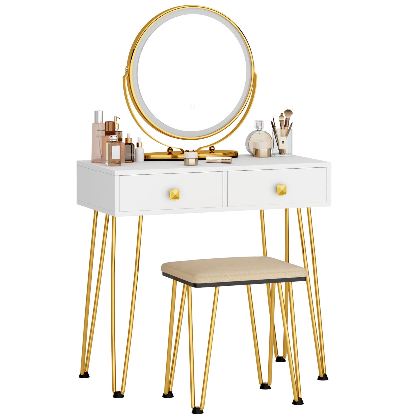 SogesPower Vanity Dressing Table with Round Mirror, Solid Wood Frame - Fashion White