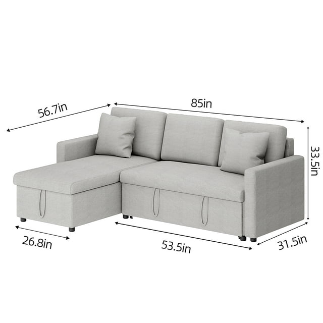 Soges 85" Pull Out Sofa Bed L Shape Sofa with Storage Chaise, Linen Fabric 3 Seater Couch, Light Gray