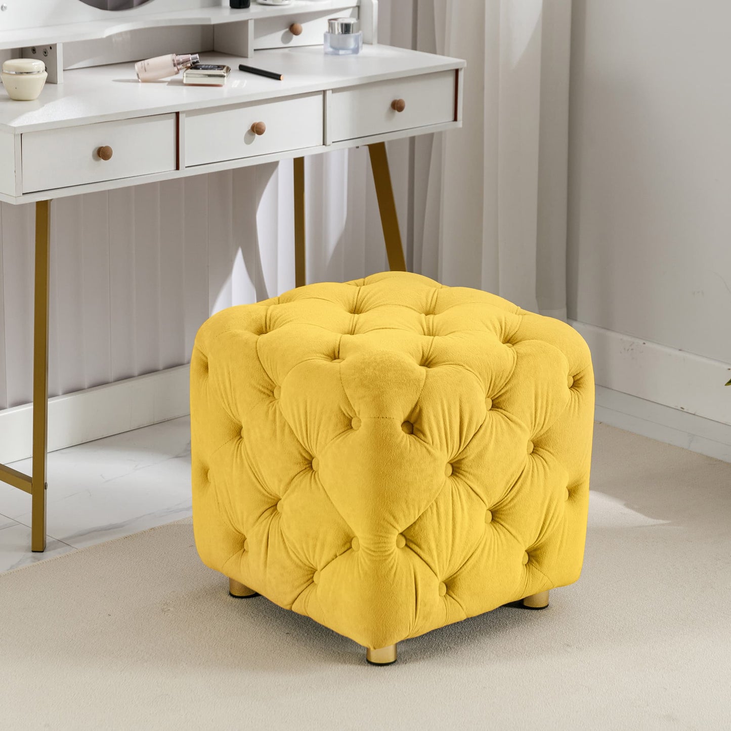 Modern Velvet Upholstered Square Ottoman, Exquisite Small Soft Foot Stool- Yellow