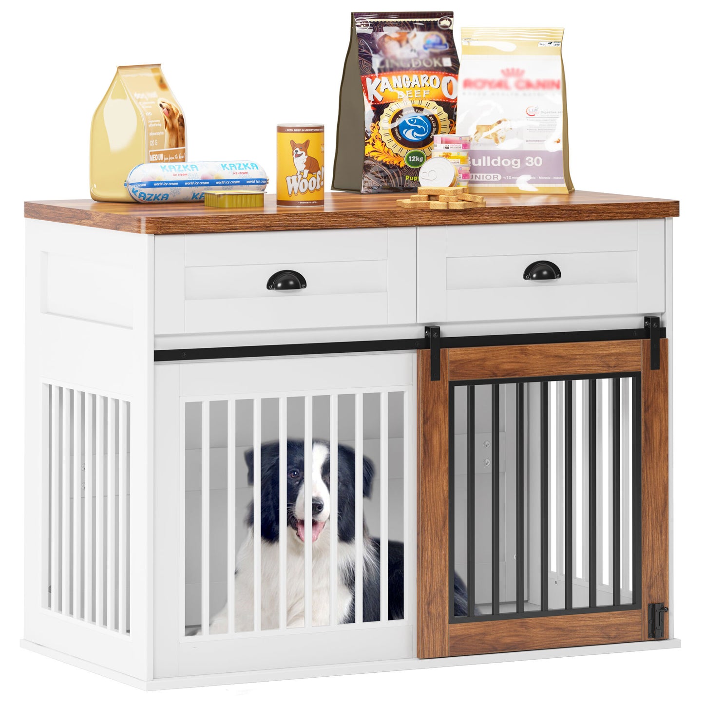 SogesPower 44 in Dog Crate Furniture with Sliding Barn Door, Wooden Dog Kennel with 2 Drawers and Lock, Indoor Dog House for Small/Medium/Large Dogs