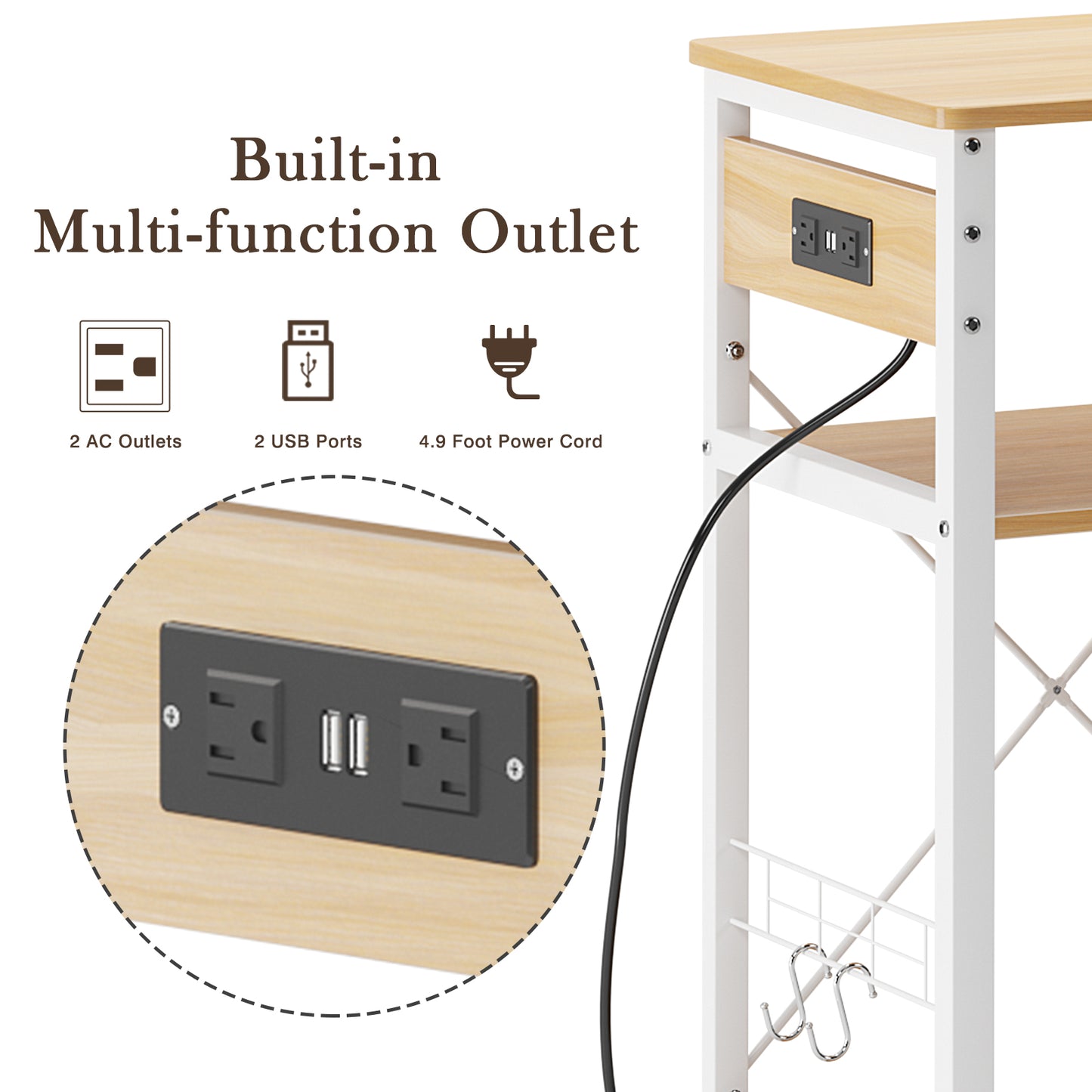 SogesPower Kitchen Trolley 3-Tier Muti-Functional Kitchen Baker Rack with USB Port and Light Strip- Oak