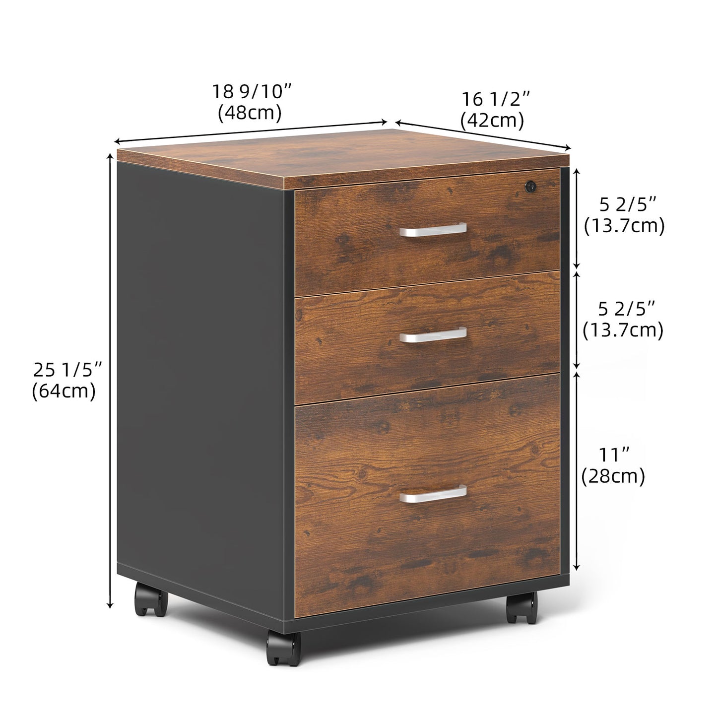 SogesPower 3-Drawers Wood File Cabinet with Lock and Wheels- Brown