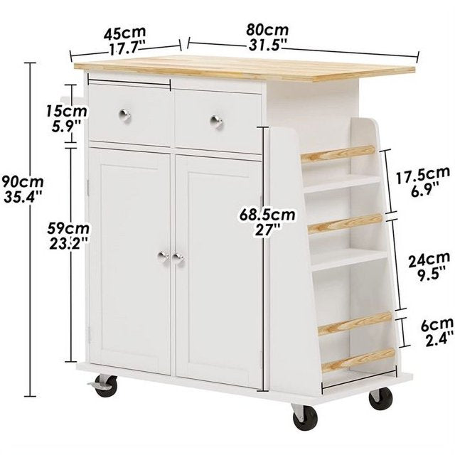 SogesPower Rolling Kitchen Island Cart with Cabinets, Drawers, Spice Rack, Towel Bar, Storage Trolley Cart with Brown Wood Top