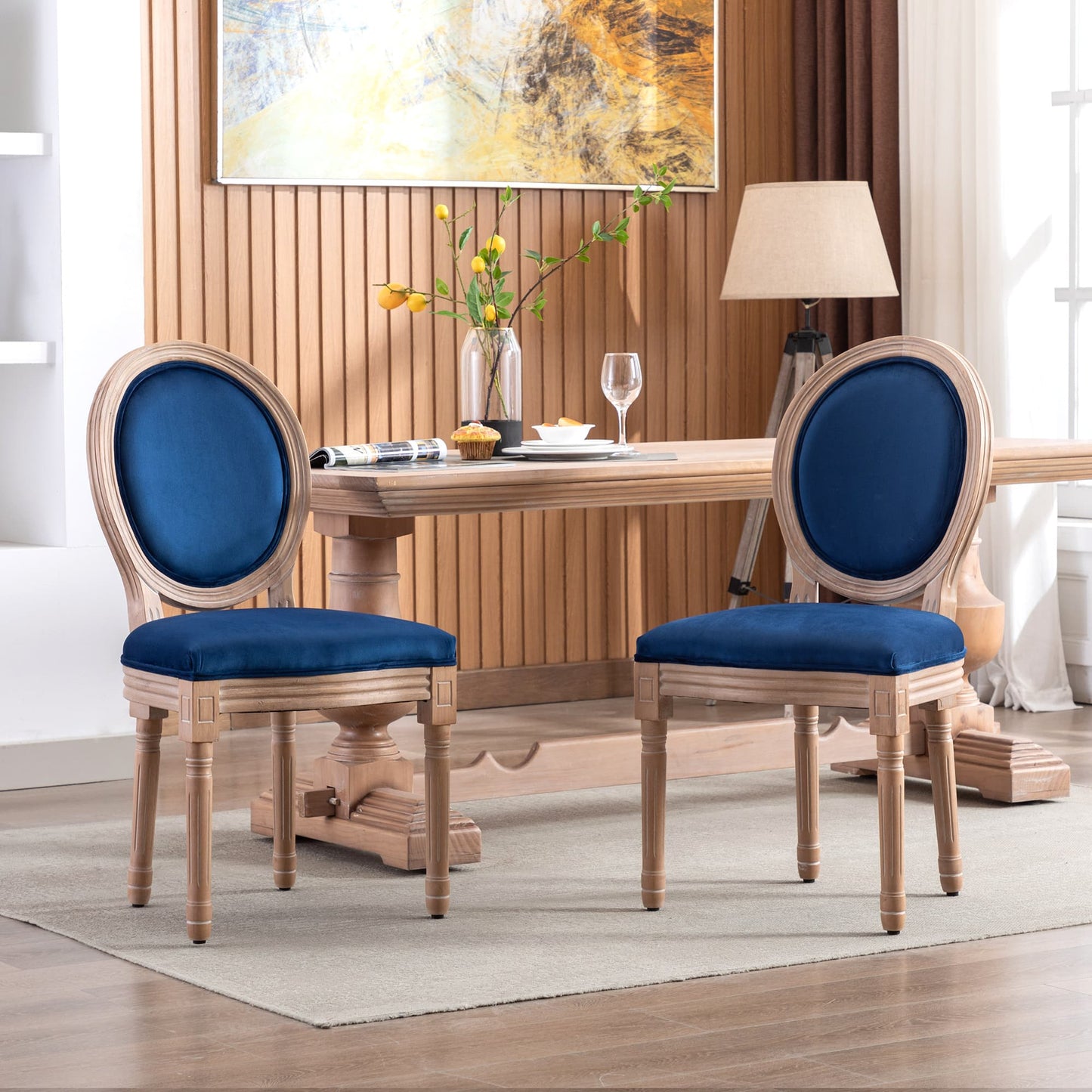 SogesPower Upholstered Fabrice French Dining Chair with rubber legs,Set of 2- Blue+Velvet