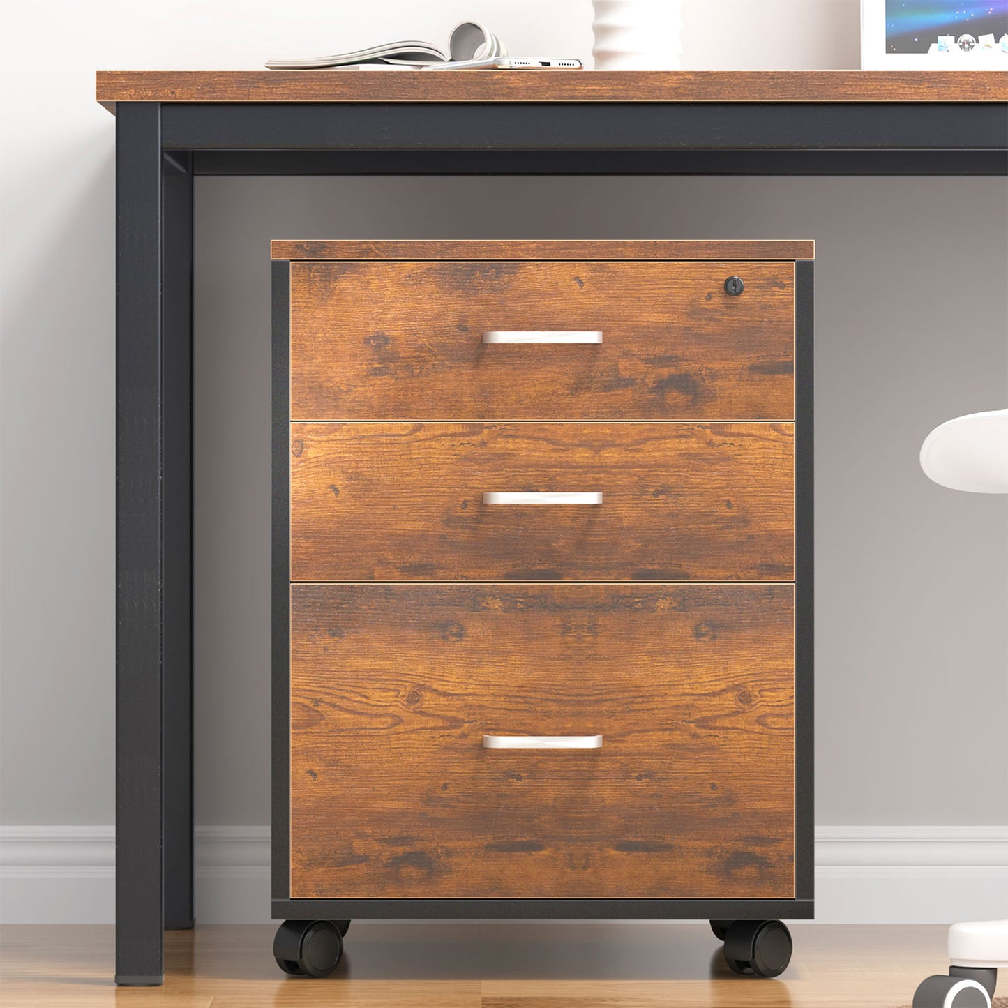 SogesPower 3-Drawers Wood File Cabinet with Lock and Wheels- Brown