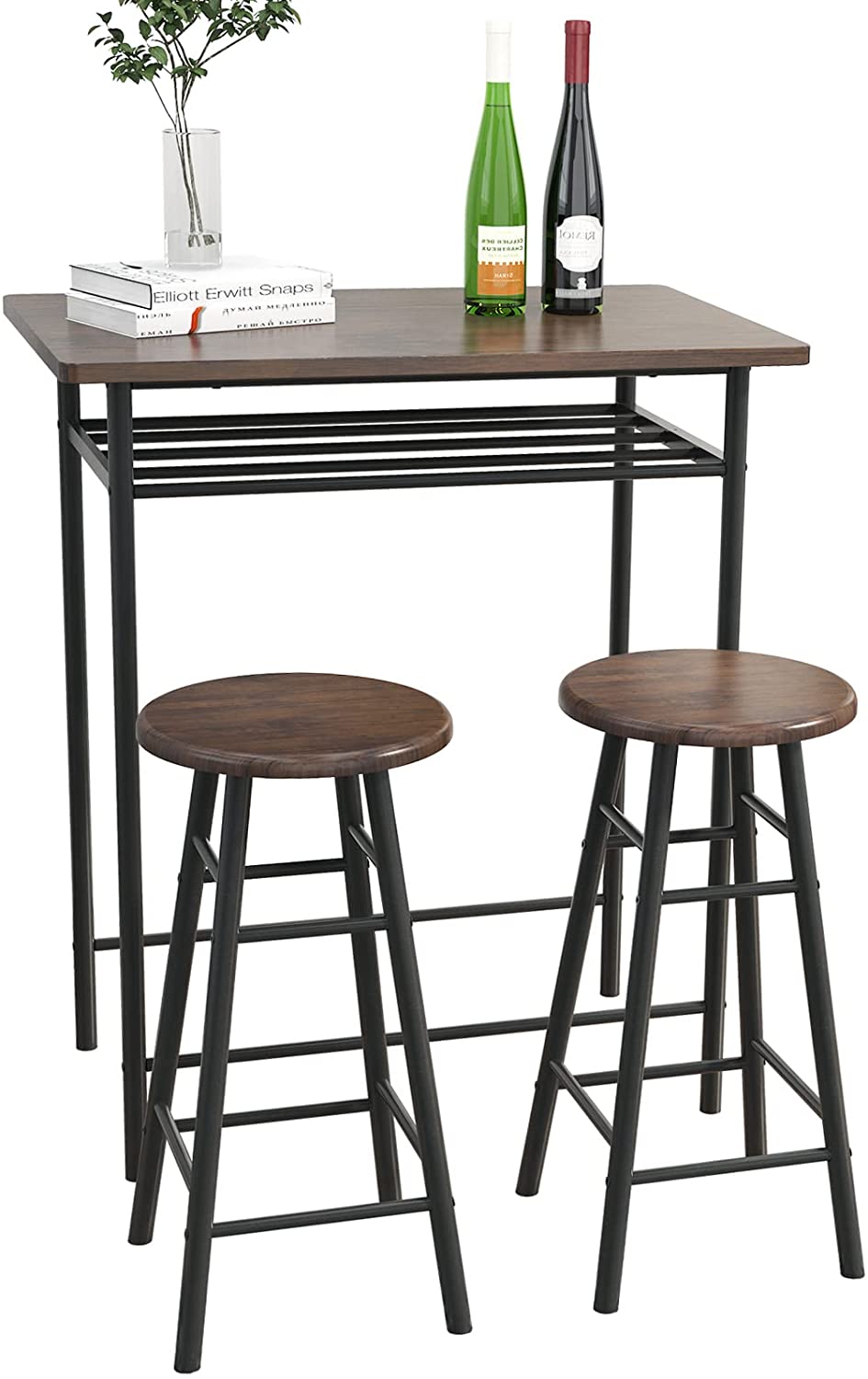 SogesPower Pub Dining Height Table Set, Modern Kitchen Counter Dining Set, Bar Table with 2 Bar Stools for Kitchen, Living Room, Brown