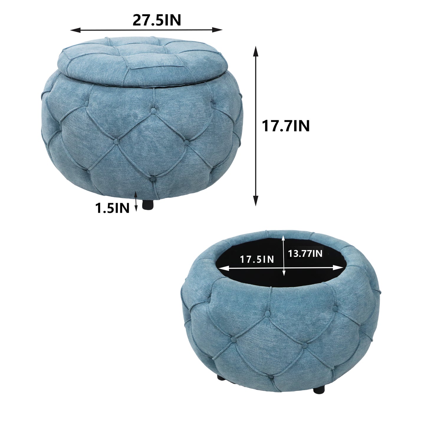 SogesPower Large Button Tufted Woven Round Storage Ottoman for Living Room & Bedroom,17.7"H Burlap Blue