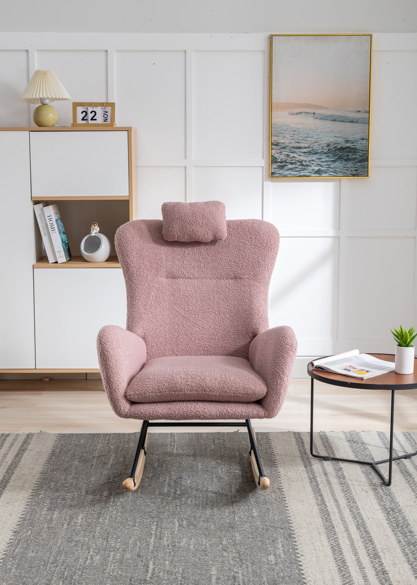 SogesPower 35.5in Rocking Chair, Soft Teddy Velvet Fabric Rocking Chair for Nursery, Comfy Wingback Glider Rocker with Safe Solid Wood Base- Pink