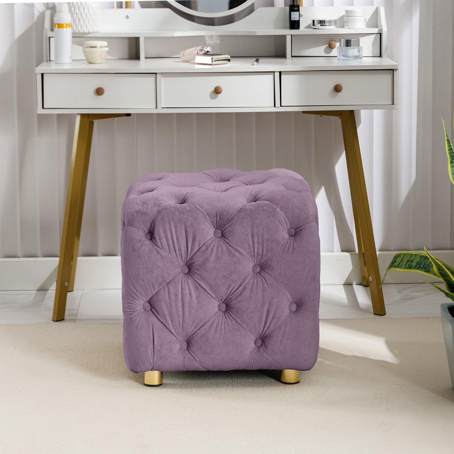 Modern Velvet Upholstered Square Ottoman, Exquisite Small Soft Foot Stool- Purple