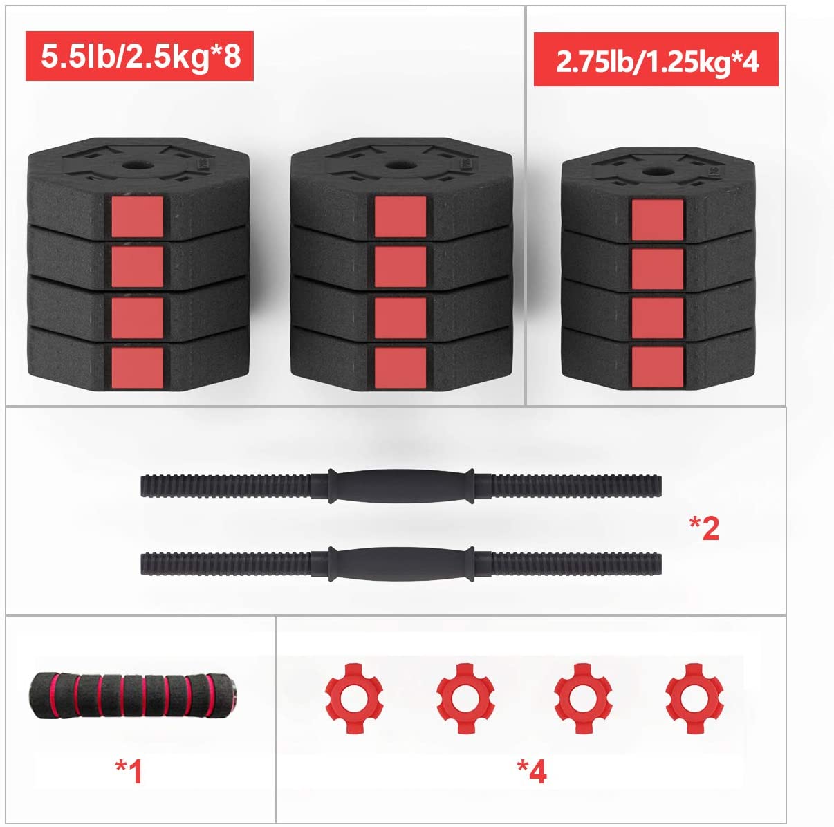 SogesPower Anti Rolling Fitness Dumbbells 55lbs Adjustable Dumbbells Pair, Strength Training Dumbbell Kit, Black & Red