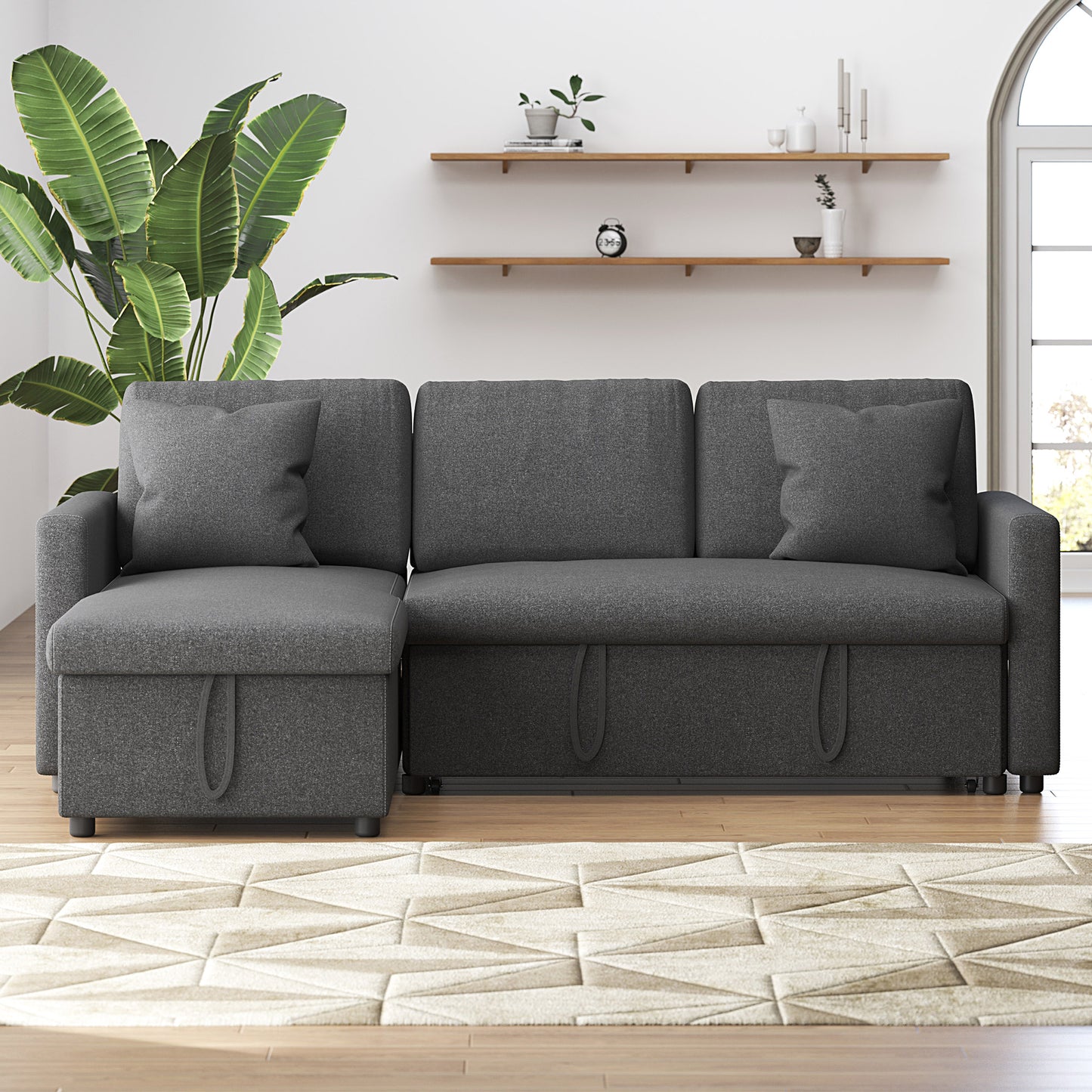 SogesPower 85" Sofa Set with Storage Chaise, Linen Fabric 3 Seater Couch, Dark Gray