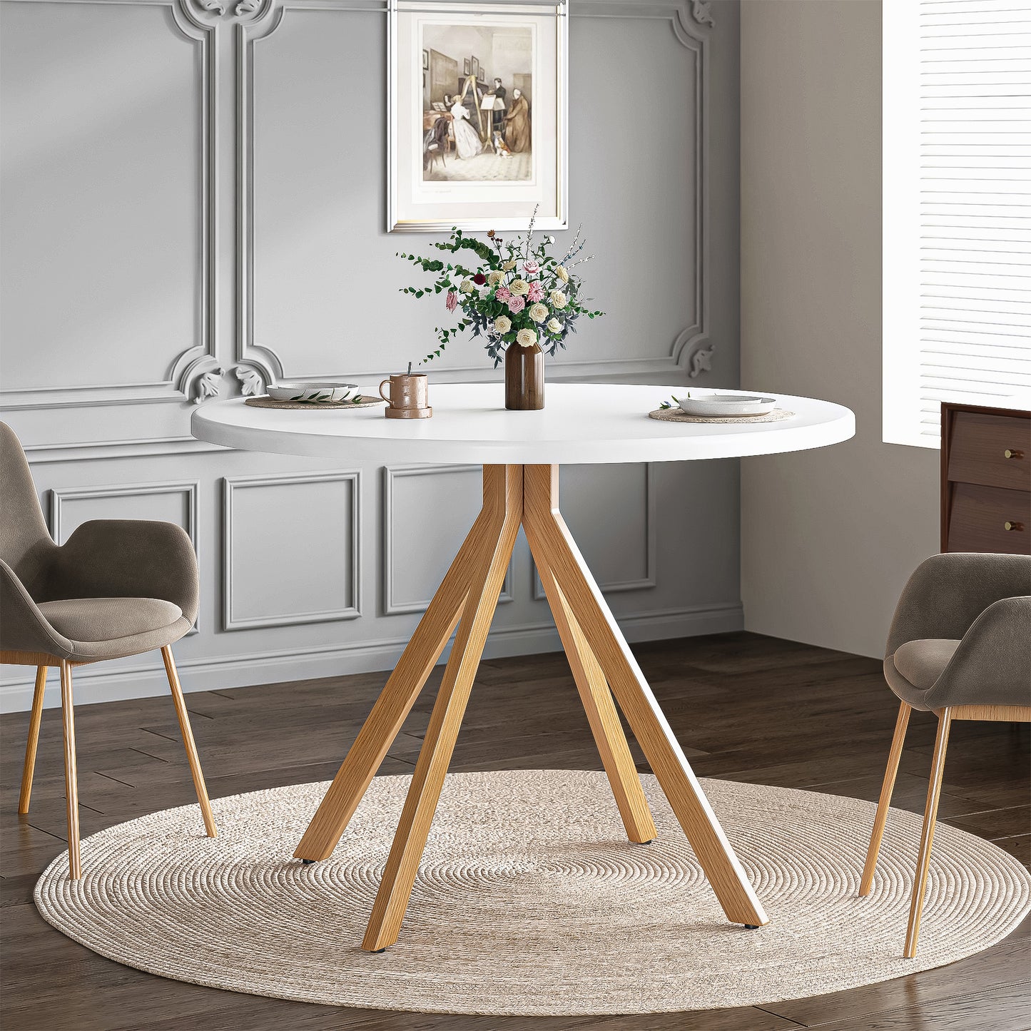 SogesPower Stylish Round Dining Table with Walnut Legs