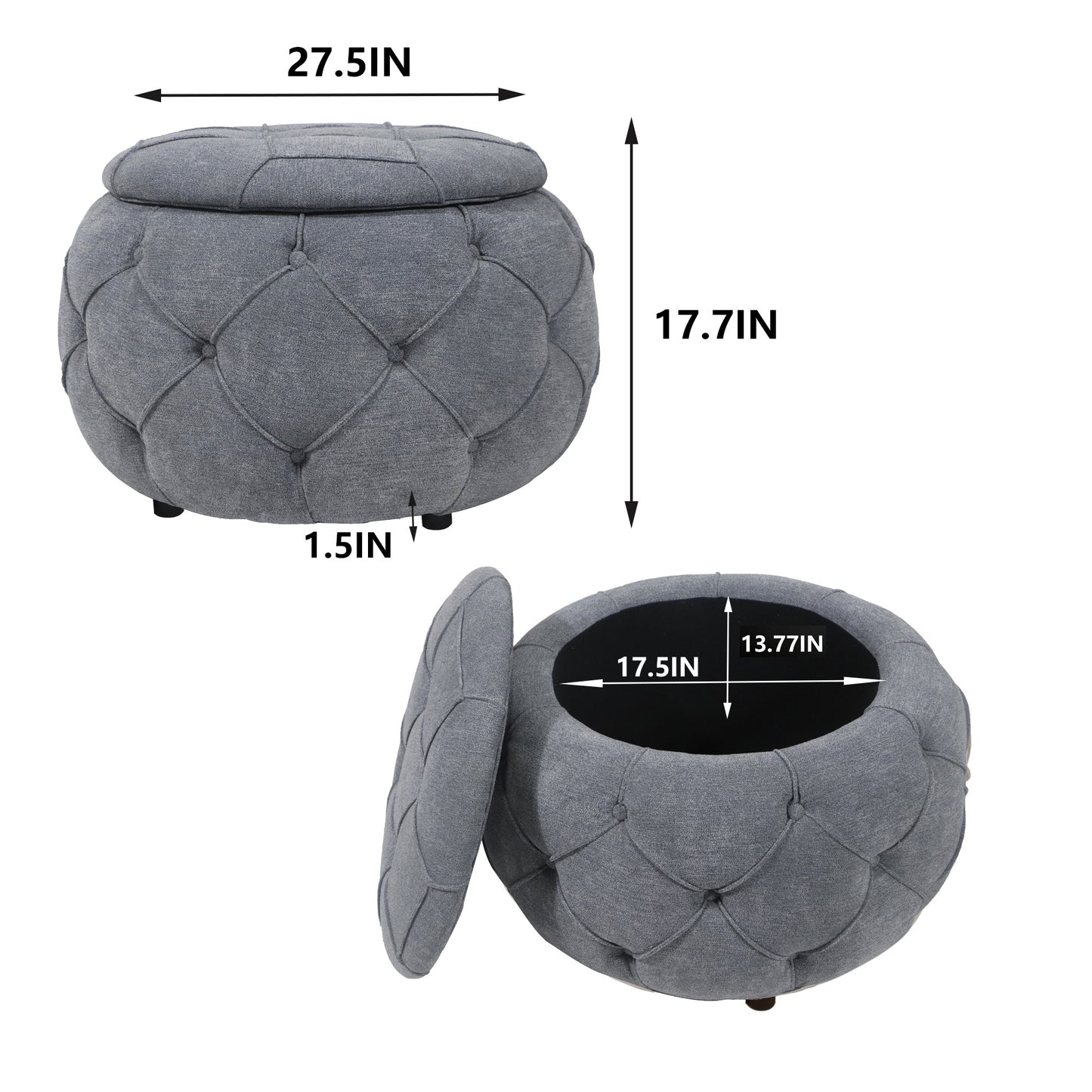 SogesPower Large Button Tufted Woven Round Storage Ottoman for Living Room & Bedroom,17.7"H Burlap Grey