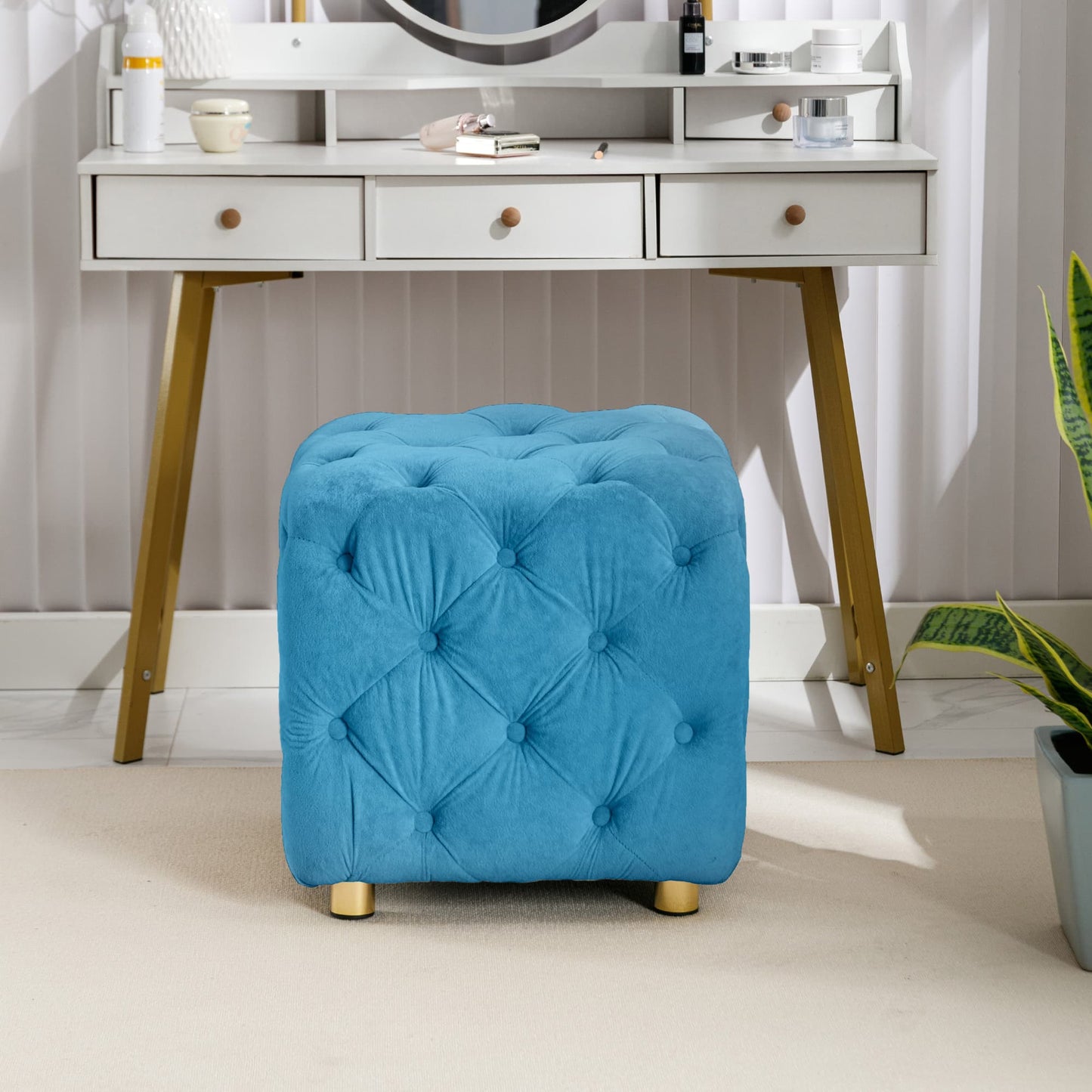 Modern Velvet Upholstered Square Ottoman, Exquisite Small Soft Foot Stool- Blue